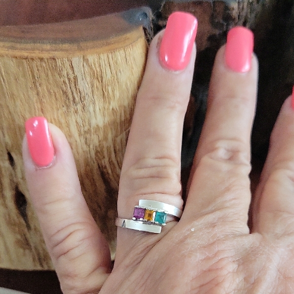 Emerald, Yellow Topaz, Pink Alexandrite Stone Ring 10Ka White Gold Band 8.5 - Picture 2 of 9